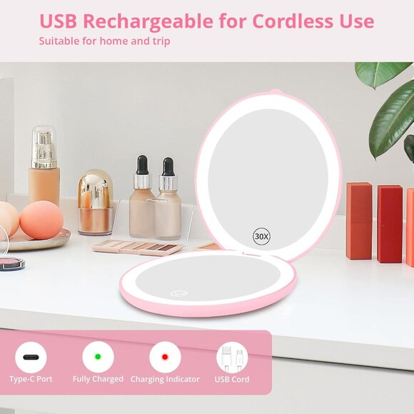 Led Lighted Folding Small Mirror with 3 Color Light, Large 4.8'' Rechargeable - Picture 2 of 16